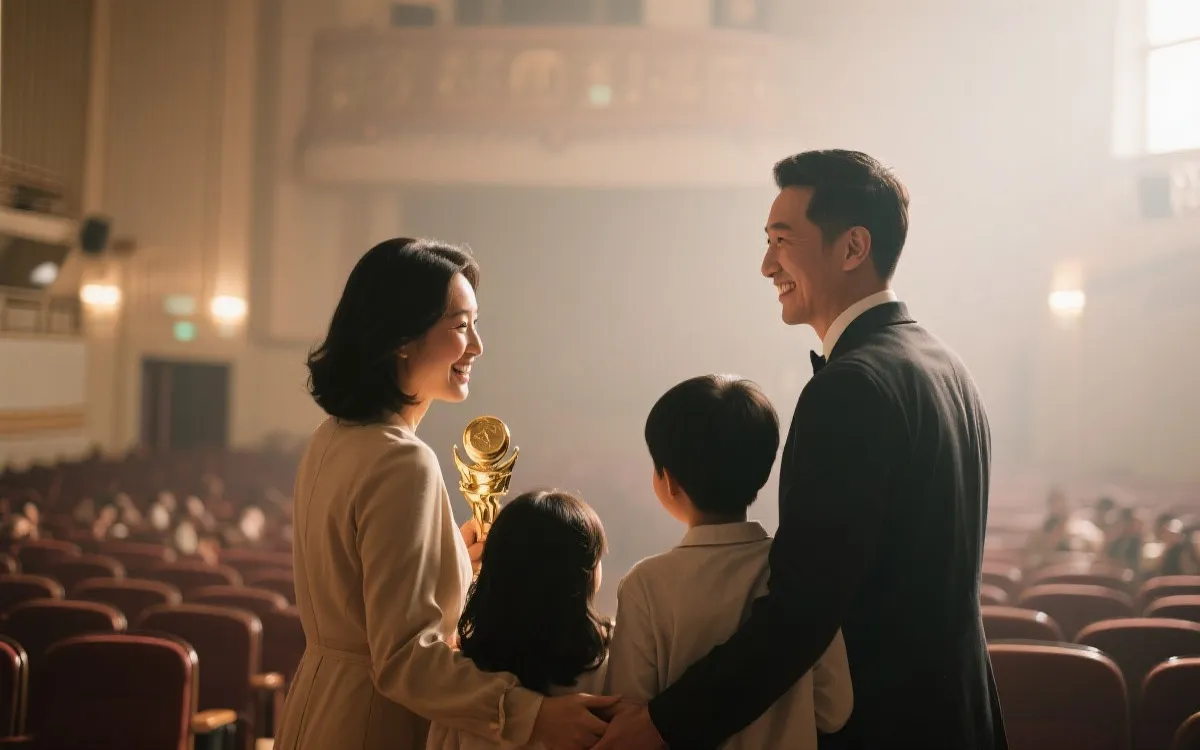 领奖大厅里与家人共享喜悦的温馨背影